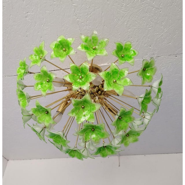 Green Floral Sputnik Flush Mount Chandelier 1980s Glass Flowers For Sale - Image 6 of 12