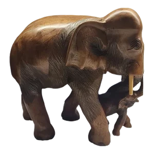 Vintage Hand Carved Elephant With Tusks Detailed Teak