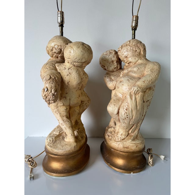 Cream Vintage French Cherub – Baroque Revival Putti Sculptures on Gilt Bases Table Lamps - a Pair For Sale - Image 8 of 12