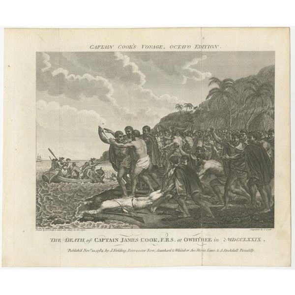 A historical copper engraving depicting "the death of captain james cook, f.r.s. At owhyhee in mdcclxxix" (1779). This...