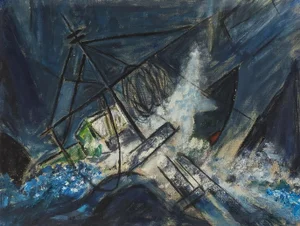 Mid-Century Abstract Ship in Storm Seascape Painting