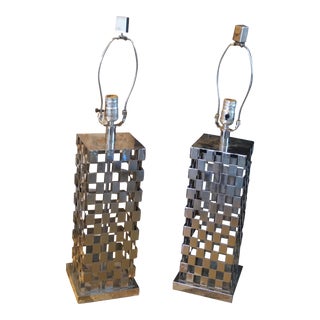 1980s Modernist Chrome Checkerboard Table Lamp Pair For Sale