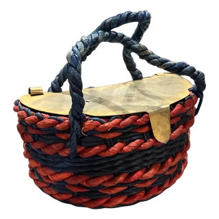 1950s Retro Chic Blue Red Woven and Gold Italian Top Handle Bag For Sale