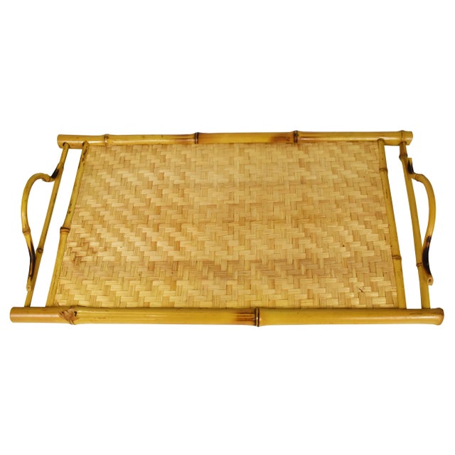 Fabulous set of 4 vintage mid century modern woven rattan stacking serving tv trays with woven rattan detailing and Unique...