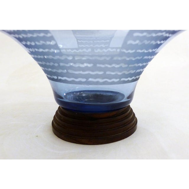 Large Art Deco Wood and Blue Glass Bowl with Graphic Decor, 1930s For Sale - Image 6 of 13