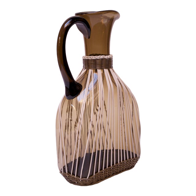 Large Italian Modern Blown Glass Pitcher With Woven Rubber bing