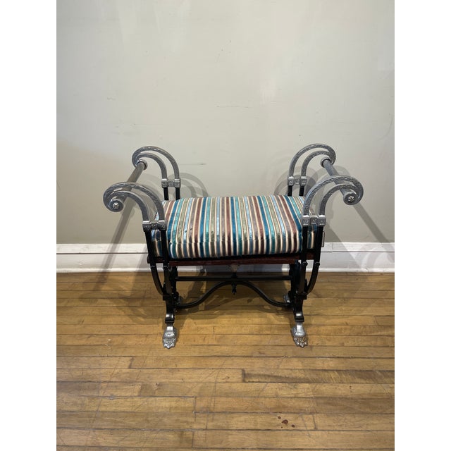 Neo Classical Antique cast-iron bench with newly upholstered removable cushion in velvet. Would be a good accent piece for...