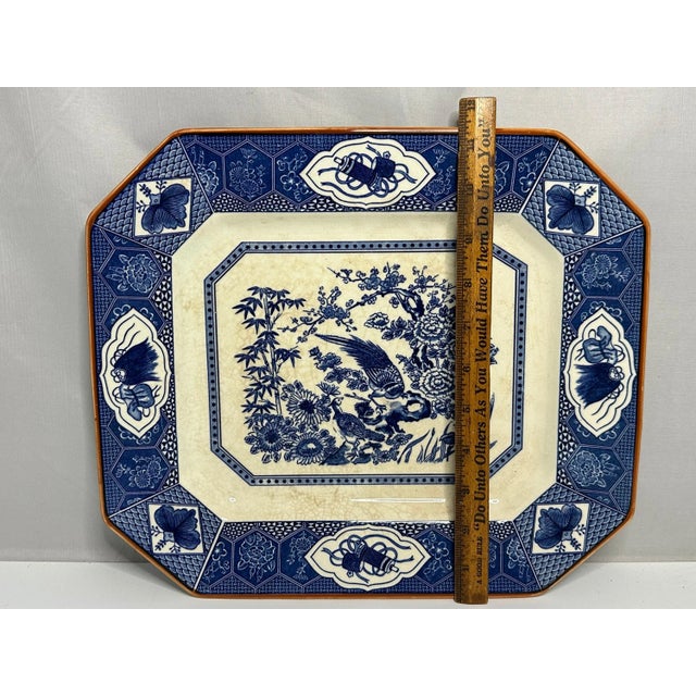 Vintage Oriental Ironstone Platter: Blue Transferware Gamebird Design For Sale - Image 10 of 10