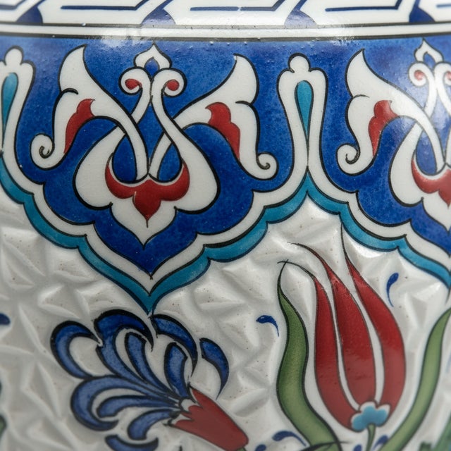 Handmade Ceramic Vizier Jar (30cm) Carved Relief Texture and Ottoman Red Tulips For Sale - Image 4 of 8