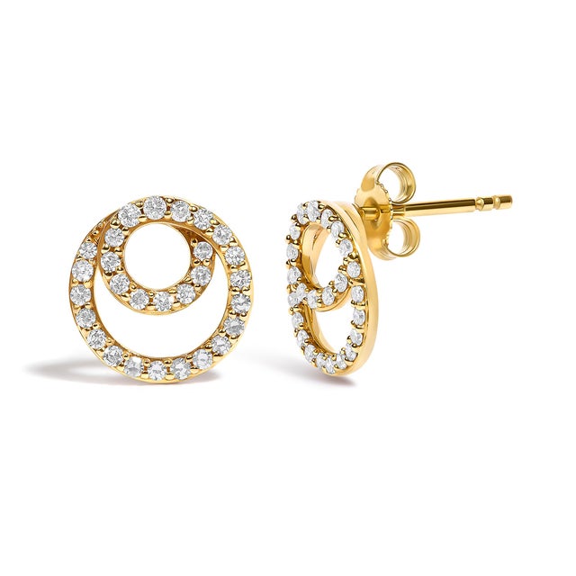 Contemporary 14K Yellow Gold 3/8 Cttw Diamond Double Circle Stud Earrings For Sale - Image 3 of 4