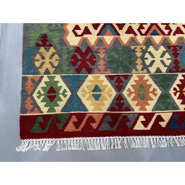5'1" X 6'5" Multicolor Afghan Chobi Geometric Wool Flatweave Kilim Rug For Sale - Image 11 of 16