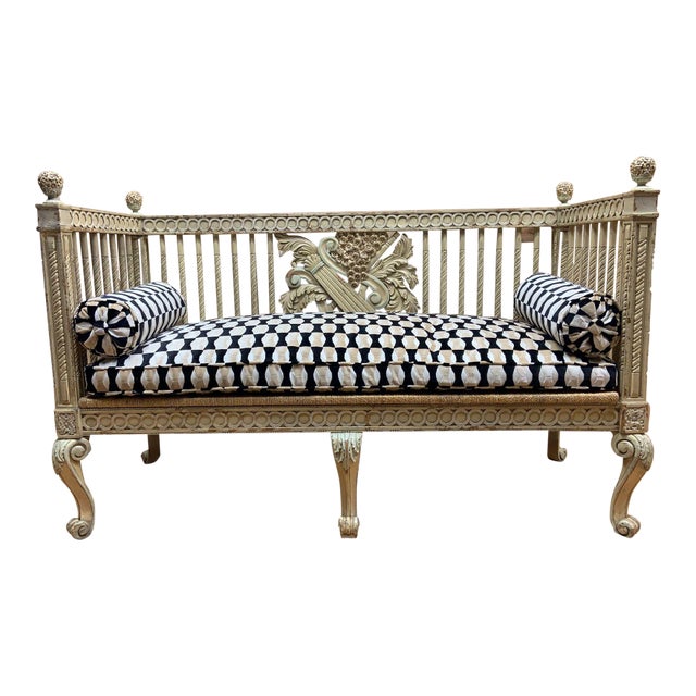 Vintage Italian Neoclassical Carved Ornate Settee Newly Reupholstered For Sale