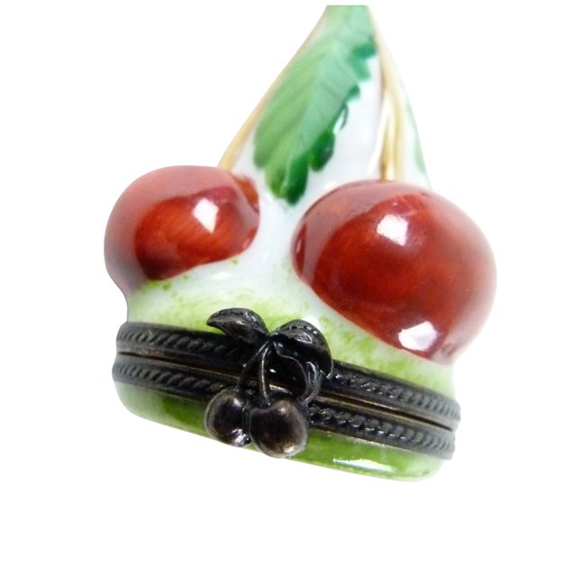 1980s Limoges France Porcelain Plump Red Cherries Trinket Box | Hand Painted by the b.r.c. Studio. For Sale - Image 5 of 10