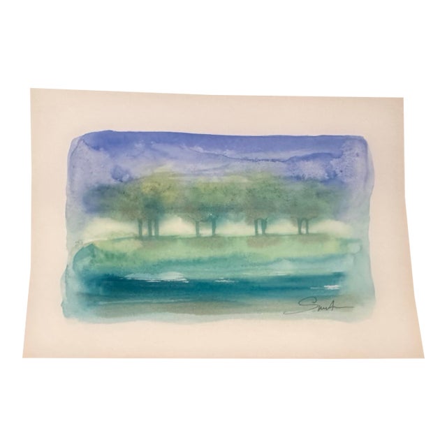 “Quiet Waters” Original Misty Lakeside Watercolor by Nancy Smith For Sale