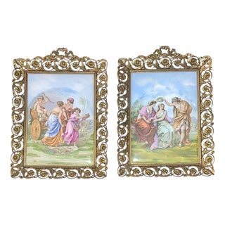 Pair French Limoges Porcelain Plaques in Ornate Gilt Metal Frames. Early 20th C. For Sale