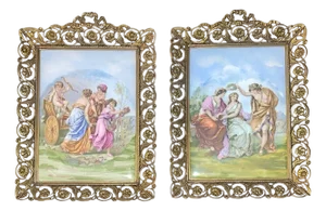Pair French Limoges Porcelain Plaques in Ornate Gilt Metal Frames. Early 20th C.
