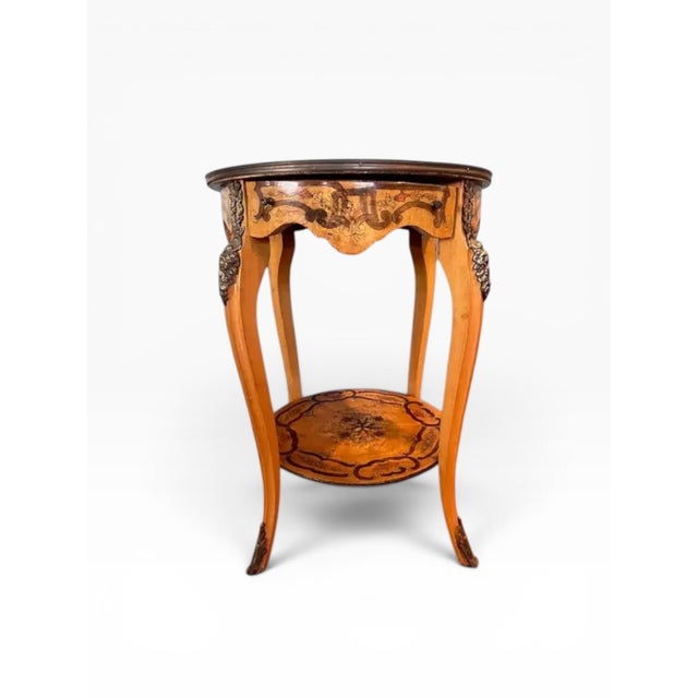 Vintage Italian Marquetry Two-Tier Side Table With Drawer & Bronze Mounts For Sale In Boston - Image 6 of 14