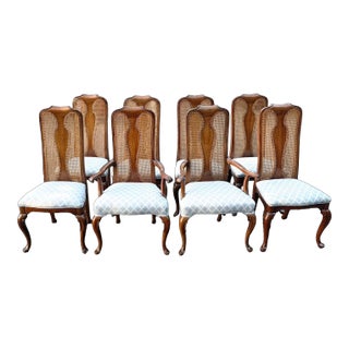Set of 8 Vintage Queen Anne Solid Walnut and Cane High Back Dining Chairs Attributed to John Stuart for Mount Airy Furniture For Sale
