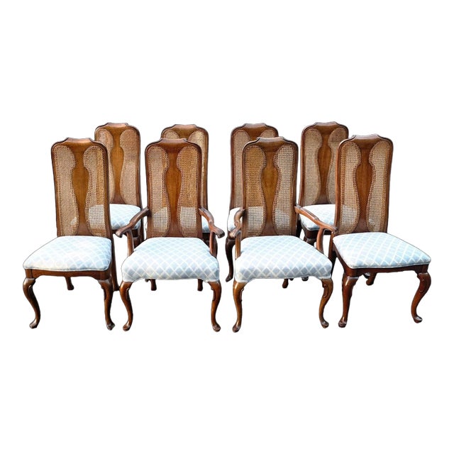 Set of 8 Vintage Queen Anne Solid Walnut and Cane High Back Dining Chairs Attributed to John Stuart for Mount Airy Furniture For Sale
