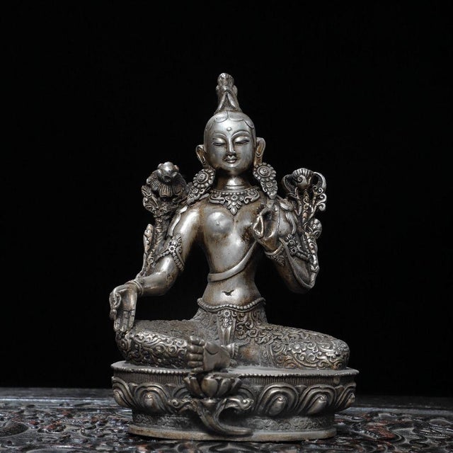 1910s 1910s Gilt Silver Green Tara Statue | 18cm Religious Buddhist Figure for Home Altar For Sale - Image 5 of 9