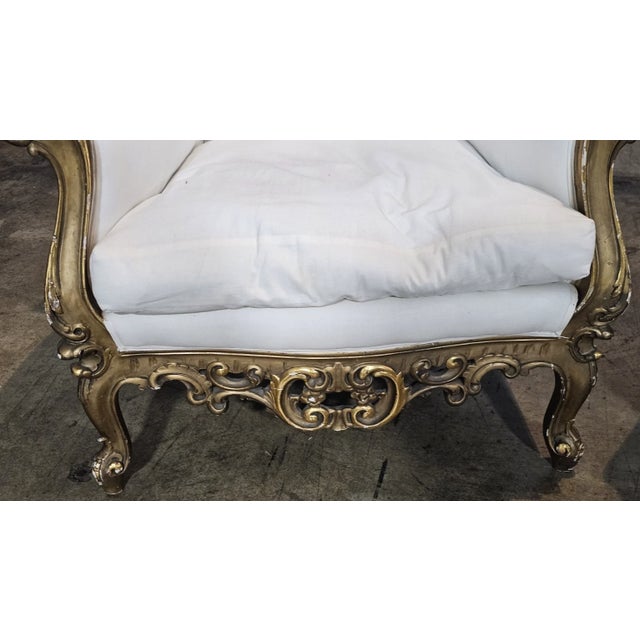 Early 20th Century Pair Italian Rococo Style Giltwood Armchairs Cream Colored Muslin Fabric For Sale In Cleveland - Image 6 of 11