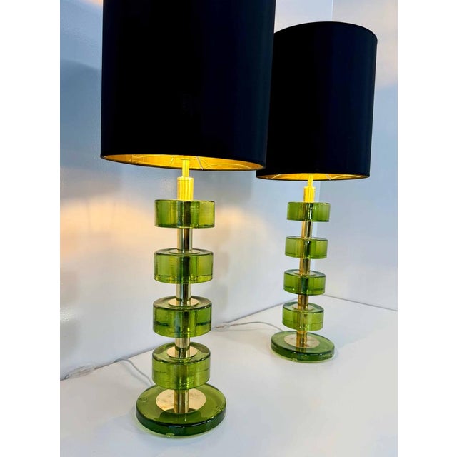 2000 - 2009 Italian Green Emerald Murano Glass Discs and Brass Lamps with Black Lampshades, 2000s, Set of 2 For Sale - Image 5 of 15