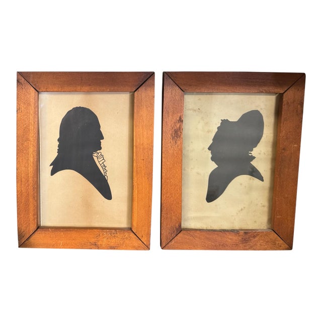 Pair Primitive Antique Country Folk Art Silhouettes George & Martha Washington For Sale