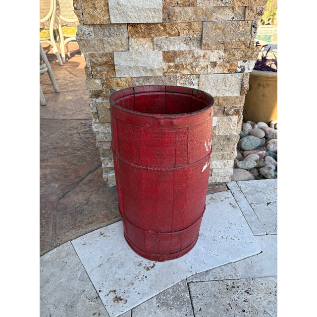 Antique Nail Keg Cask Barrel Painted Red With Twisted Metal Wire Bands For Sale - Image 10 of 12
