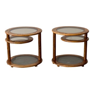 Postmodern Oak and Smoked Glass Swivel Side Table For Sale