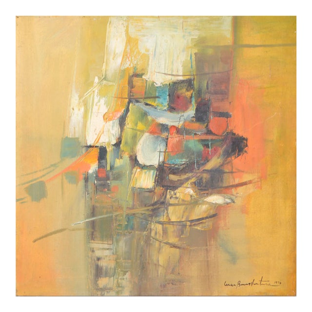 1976 Signed Abstract Oil Painting on Canvas in Hues of Earth Tone Colors For Sale