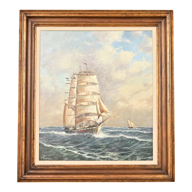 Georg Seekatz Reproduction Oil Painting on Canvas of Clipper Ship in Carved Giltwood Frame For Sale