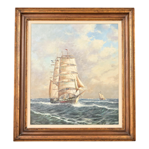 Georg Seekatz Reproduction Oil Painting on Canvas of Clipper Ship in Carved Giltwood Frame