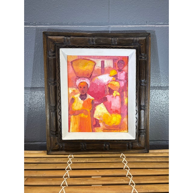 Mid 20th Century Vintage Dieudonné Cedor Signed Haitian Oil Painting, Figural Market Scene For Sale - Image 5 of 6