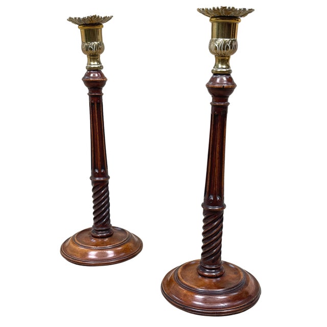 Antique Mahogany and Brass Candlesticks, 1760, Set of 2 For Sale - Image 10 of 10