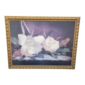 Vintage Huge Textured Magnolia Gold Leaf Carved Framed Painting Art