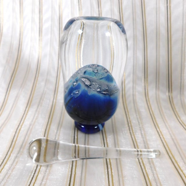Signed Blue and White Hand Blown Art Glass Perfume Bottle For Sale - Image 4 of 6