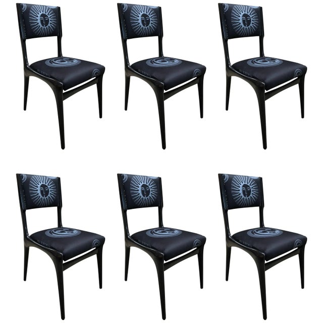 Black Carlo de Carli Chairs - Set of 6 Reupholstered with Fabric by Fornasetti For Sale - Image 8 of 8