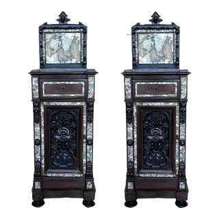 18th Pair of Spanish Walnut Nightstands With Marble Top and Inlays For Sale