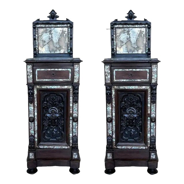 18th Pair of Spanish Walnut Nightstands With Marble Top and Inlays For Sale