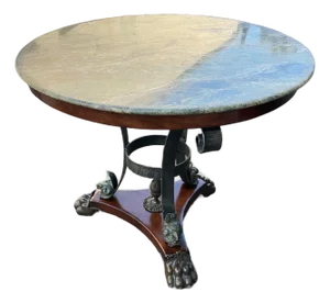 Marble Top Pedestal Table With Rams Head & Paw Feet.