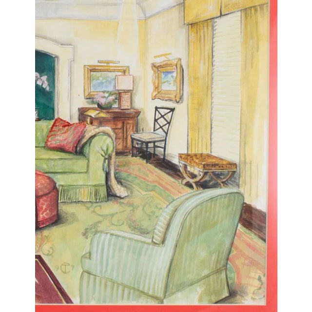 Elegant interior watercolor depicting a stylish celadon color palette living room Signed: '9 TC 7' Art Sz: 11 1/4"H x 17"W...