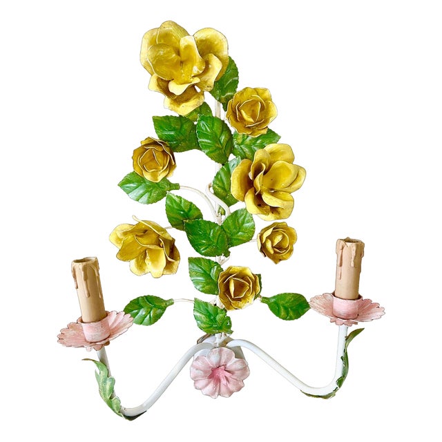 Floral Wall Light in Hand-Painted Tole Metal, Italy, 1960s For Sale