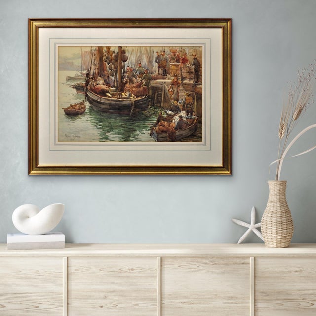 Frances Emily Nesbitt, A Moray Firth Zulu Fishing Boat Unloading Herring in Whitby, 1893, Watercolor, Framed For Sale - Image 16 of 18