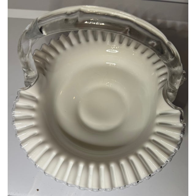 Glass Vintage Fenton Silver Crest Milk Glass Handled Basket – Ruffled Edge Brides Basket (1970s) For Sale - Image 7 of 10