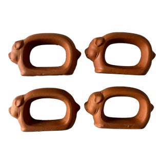 Set of 4 Vintage Terra Cotta Pig Napkin Rings For Sale