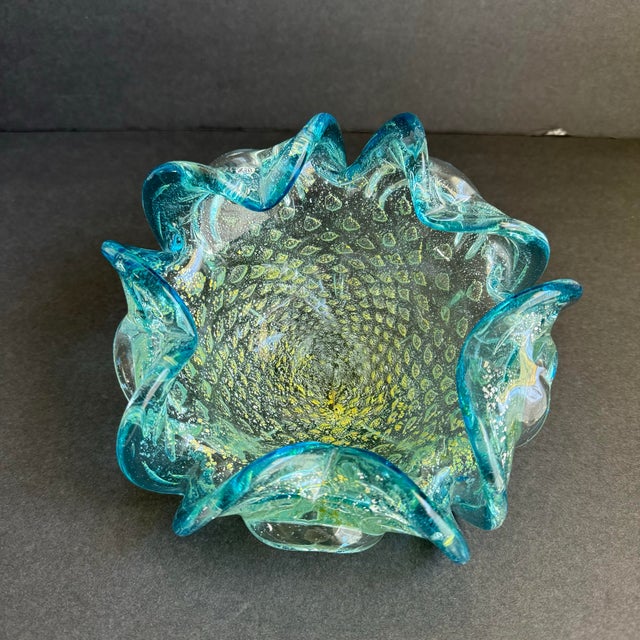 Art Glass Dish Turquoise Gold Bullicante Bubbles Mid Century Italian Murano For Sale - Image 6 of 10