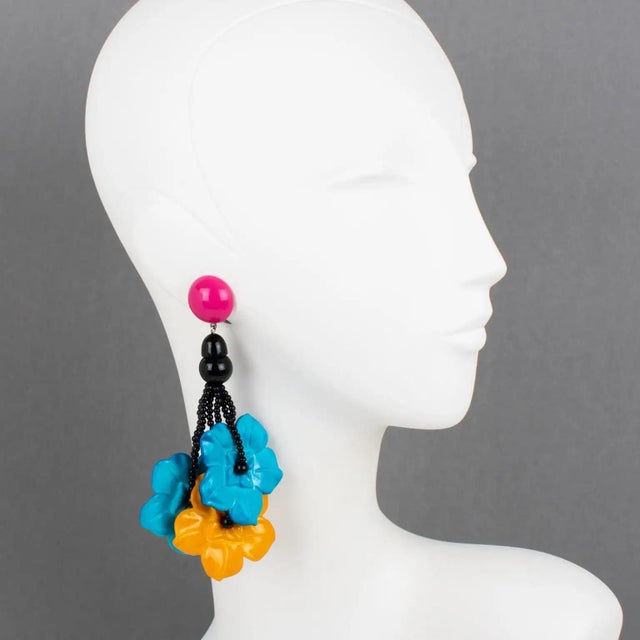 2000 - 2009 Angela Caputi Saffron and Turquoise Flower Resin Clip Earrings For Sale - Image 5 of 8