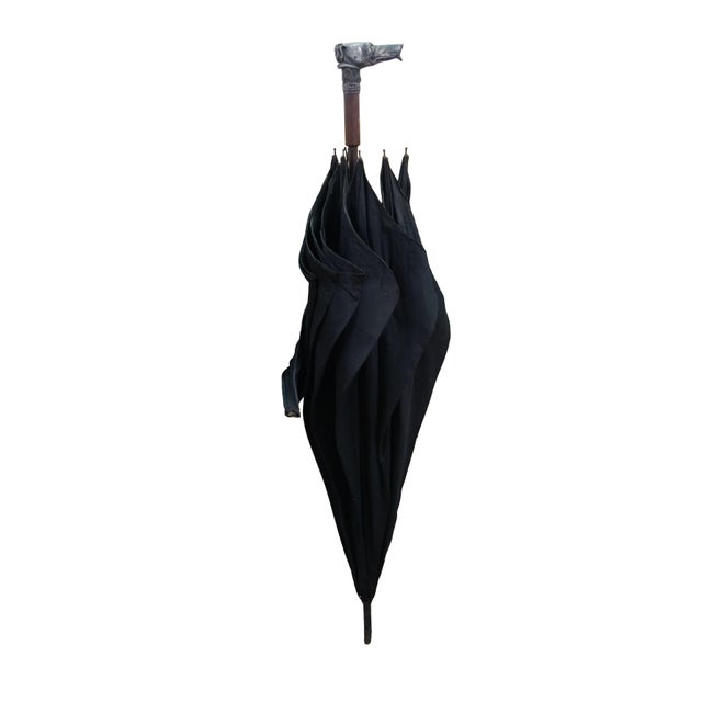 Traditional Antique Silverplate Greyhound Dog Head Black Umbrella Oak Walking Stick Cane 38" For Sale - Image 3 of 18