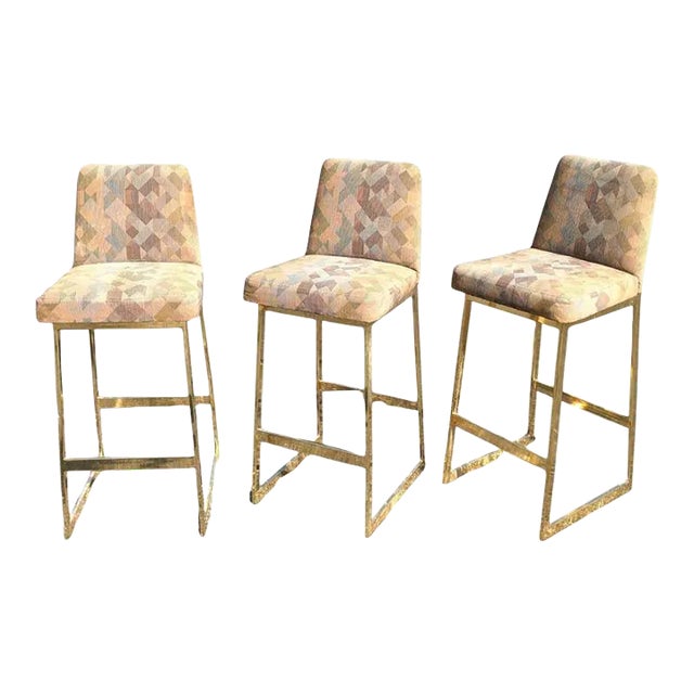 Set of Three Mid Century Modern Gold Tone Upholstered Barstools For Sale