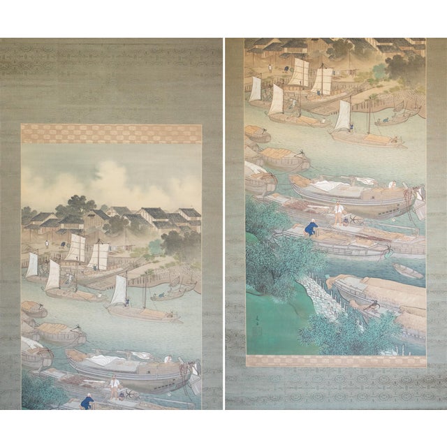 Stunning XXL antique or vintage Japanese silk scroll painting "Fishing Village" by Yoshika (是香). Comes in original wooden...